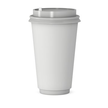 Disposable coffee cup. Blank paper mug with plastic cap. 3d render isolated on white background