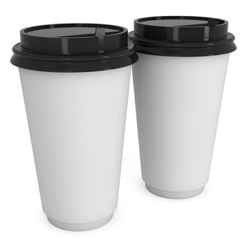 Disposable coffee cups. Blank paper mug with plastic cap. 3d render isolated on white background