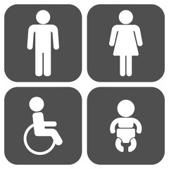 Set of 4 restroom web and mobile icons. Man, woman, child, disability. Vector illustration isolated on white