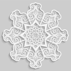 Lace 3D mandala, round symmetrical openwork pattern, lacy doily, decorative  snowflake, arabic ornament, indian ornament, embossed pattern, decorative design element,  vector
