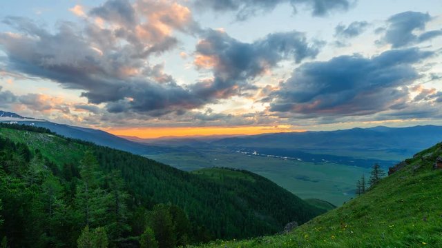 Timelapse of mountain sunset with beautiful cloudy sky in the Bukhtarma valley, Altai, Kazakhstan (4K UHD) 