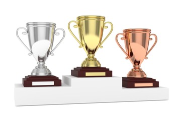 Three cups on white pedestal. 3D rendering.