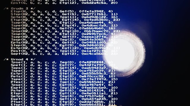 A flow of source code text (instructions for a computer program), scrolling over the flickering light of a Super 8mm vintage projector.
