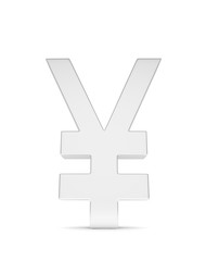 Isolated silver yen yuan sign on white background. Chinese japanese currency. Concept of investment, asian market, savings. Power, luxury and wealth. 3D rendering.
