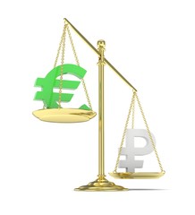 Isolated golden scales with green euro and silver ruble currency. Russian and european finance. Measuring of market stability. 3D rendering.