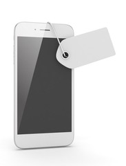 White smart phone with white price tag on white background. Identification, price, label. 3D rendering.