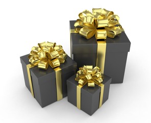 three gift boxes with bows isolated on white. 3d rendering.
