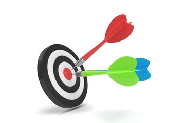 Three multicolor arrows darts in center. 3d rendering.