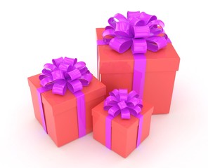 three gift boxes with bows isolated on white. 3d rendering.