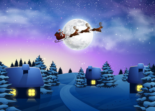 Christmas houses in snowfall night full moon. Beautiful Fir Tree Winter Village Xmas. Santa Claus Flying on a Sleigh with Deer. Vector Illustration Background in Cartoon Style