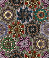 Oriental seamless pattern in style of colorful floral patchwork boho chic with mandala in hexagon elements
