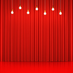 Red curtain with glowing light bulbs and glossy floor