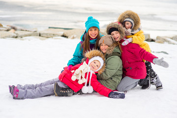 Group of young girls on the frozen lake