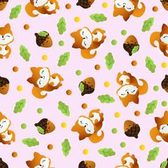 Fototapeta premium seamless pattern with smiling squirrel with acorns and oak leaves on a pink background 