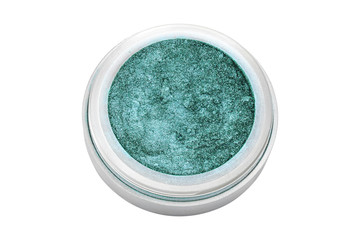 Turquoise color eyeshadow powder with glitter particles, in round grey open container, frontal view, beauty product isolated on white background
