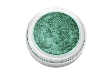 Green color eyeshadow powder with glitter particles, in round grey open container, frontal view, beauty product isolated on white background