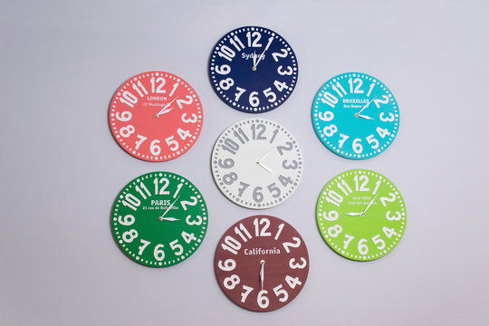 Cafe wall decorated by clocks