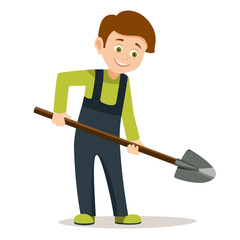 cartoon boy in overalls holding a shovel to start digging. vector illustration isolated on white background with shadow from the boy. save the earth, eco background