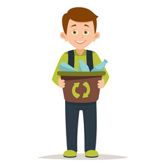 Green ecology energy concept. the boy with the box of plastic bottles for recycling. gathering garbage and plastic waste for recycling.vector illustration