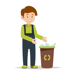 Green ecology energy concept. the boy with the box of plastic bottles for recycling. gathering garbage and plastic waste for recycling. Vector illustration