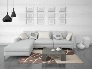 Mock up a bright living room with small frames over a corner sofa.