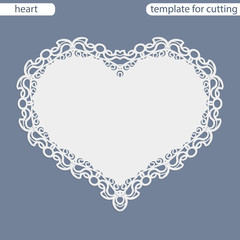Greeting card with openwork border, paper doily under the cake, template for cutting in the form of heart, valentine card,  wedding invitation, decorative plate is laser cut,  vector illustrations.