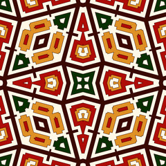 Bright seamless pattern with geometric ornament in Christmas traditional colors. Ethnic and tribal motifs.