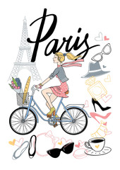 Bicycle_paris7/A girl rides a Bicycle. Paris. Vector hand drawn illustration with Eiffel tower. Fashion accessories.