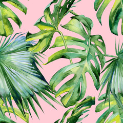 Seamless watercolor illustration of tropical leaves, dense jungle. Hand painted. Banner with tropic summertime motif may be used as background texture, wrapping paper, textile or wallpaper design.