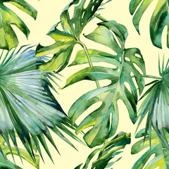 Seamless watercolor illustration of tropical leaves, dense jungle. Hand painted. Banner with tropic summertime motif may be used as background texture, wrapping paper, textile or wallpaper design.