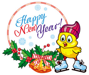 Holiday label with cute chicken and greeting text: