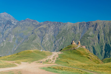 Gergeti Trinity Church near the Kazbegi (Stepantsminda) village of in Georgia