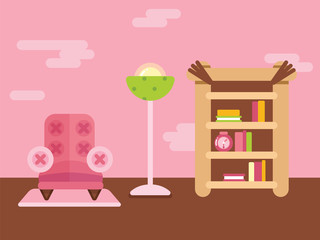 Obraz premium Room concept with flat vector pink chair and bookshelf full of colorful books. With alarm clock and floor lamp. Cozy space. 