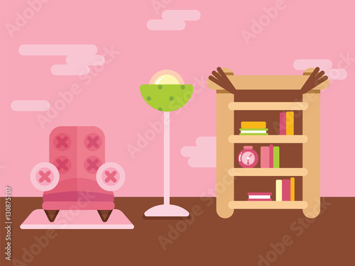 Room Concept With Flat Vector Pink Chair And Bookshelf Full Of
