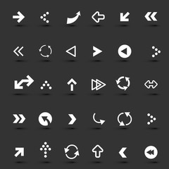 Arrow Icons Set. White Vector App Arrows Buttons on Dark Background.