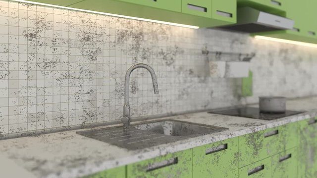 Gradually kitchen cleaned of dirt 3d.Animation.