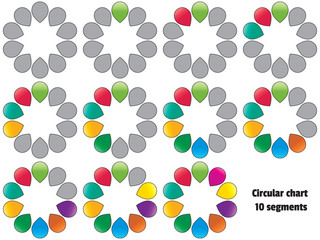 Set of colored pie charts. Templates sectoral graphs in flat style. Colorful elements for infographics. Vector