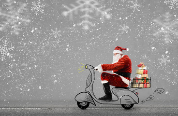 Santa Claus on scooter delivering Christmas or New Year gifts at snowy gray background © Sergey Peterman