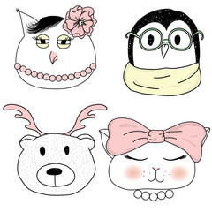 a set of portraits cute fashion animal: cat, owl, bear, penguin