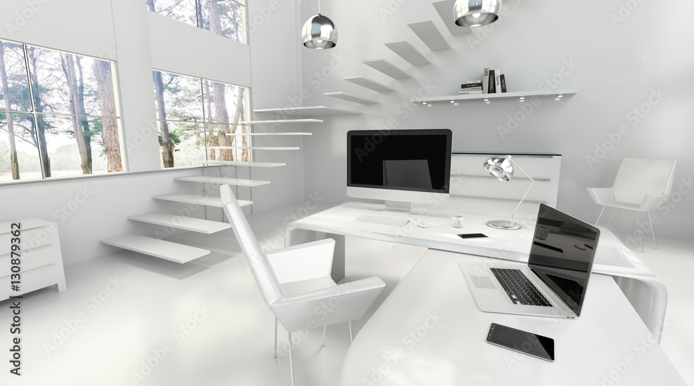 Poster modern white office interior with computer and devices 3d render