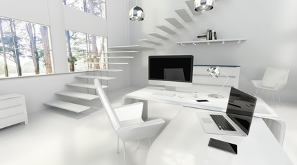Modern white office interior with computer and devices 3D render