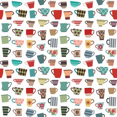 Fototapety  Filiżanki do kawy i kubki w różnych kształtach i kolorach bezszwowe tło wzór 1