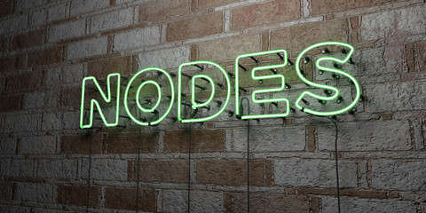 NODES - Glowing Neon Sign on stonework wall - 3D rendered royalty free stock illustration.  Can be used for online banner ads and direct mailers..
