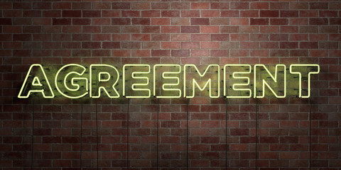AGREEMENT - fluorescent Neon tube Sign on brickwork - Front view - 3D rendered royalty free stock picture. Can be used for online banner ads and direct mailers..