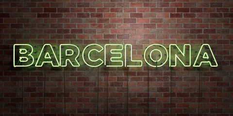 BARCELONA - fluorescent Neon tube Sign on brickwork - Front view - 3D rendered royalty free stock picture. Can be used for online banner ads and direct mailers..