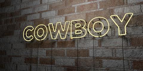 COWBOY - Glowing Neon Sign on stonework wall - 3D rendered royalty free stock illustration.  Can be used for online banner ads and direct mailers..