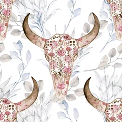 Gordijnen Aquarel naadloze patroon met schedel, pioenroos, protea. Decoratie exotische etnische print © natikka