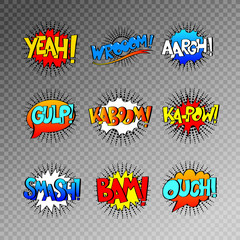 collection of nine multicolored comic sound effects in pop art s