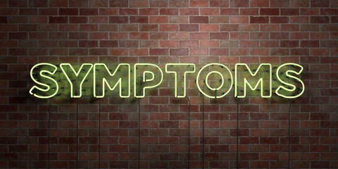 SYMPTOMS - fluorescent Neon tube Sign on brickwork - Front view - 3D rendered royalty free stock picture. Can be used for online banner ads and direct mailers..