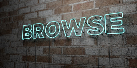 BROWSE - Glowing Neon Sign on stonework wall - 3D rendered royalty free stock illustration.  Can be used for online banner ads and direct mailers..